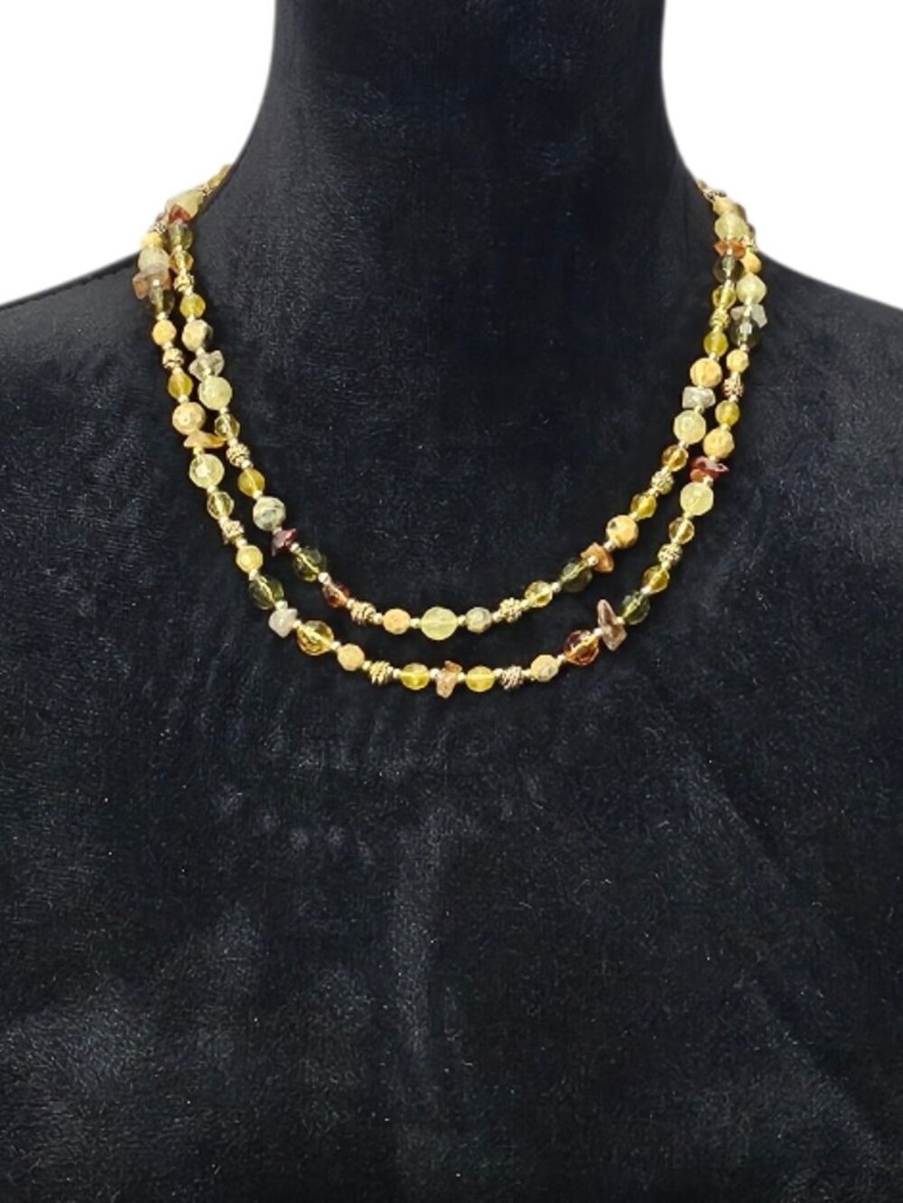 Double Strand Vintage Beaded Gold Tone Neutral Faceted Faux Gemstone Necklace